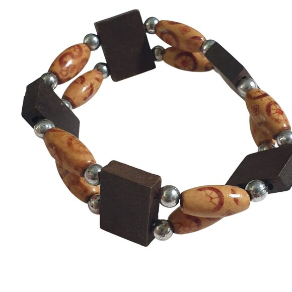 Wood Rectangular Bead Elastic Bracelet Printed Oval Accents Handmade Boho - Picture 2 of 3